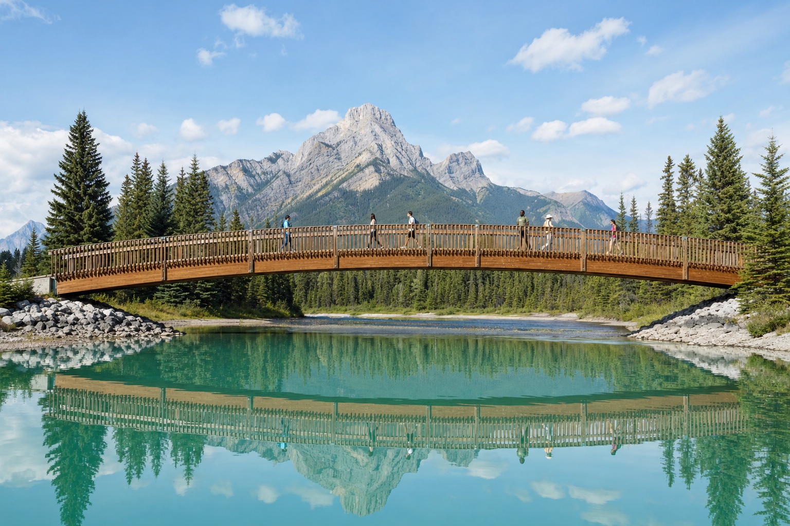 People crossing a wooden footbridge over a turquoise river in the Canadian Rockies